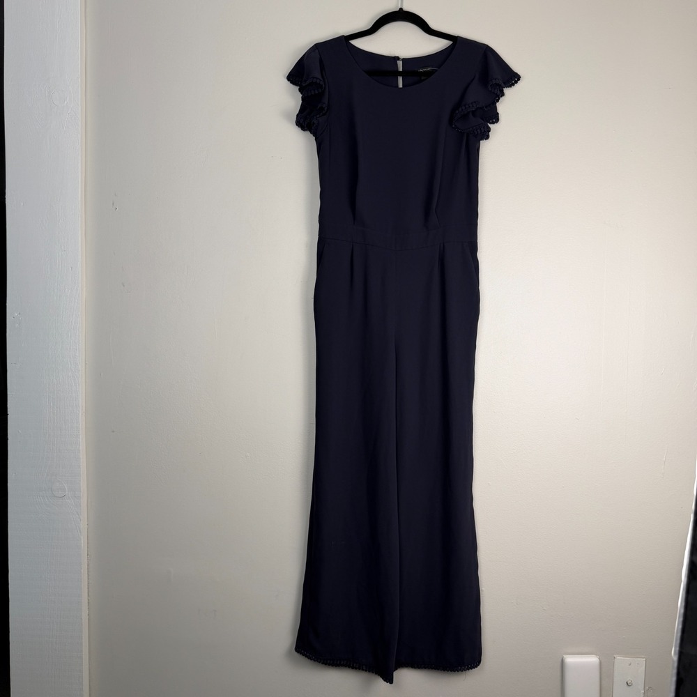 Ann Taylor Jumpsuit Women's 2 Navy Blue Ruffle Sleeve Round Neck Wide Leg Career